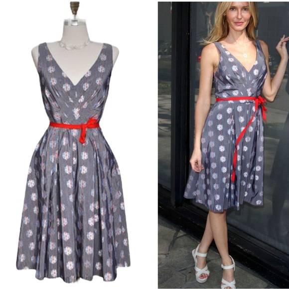 RARE Anthro Eva Franco Abigail Metallic Silver Polka Dot Tie Waist Bow Dress - 2 - Picture 1 of 15